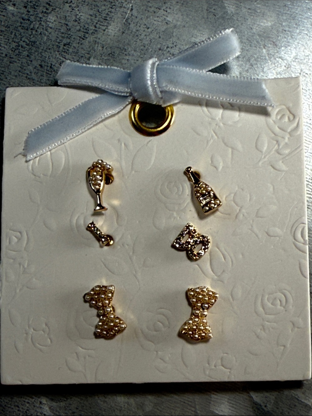Francesca's Collections Gold Tone Stud Earring Set - Bow, Bottle, Glass,